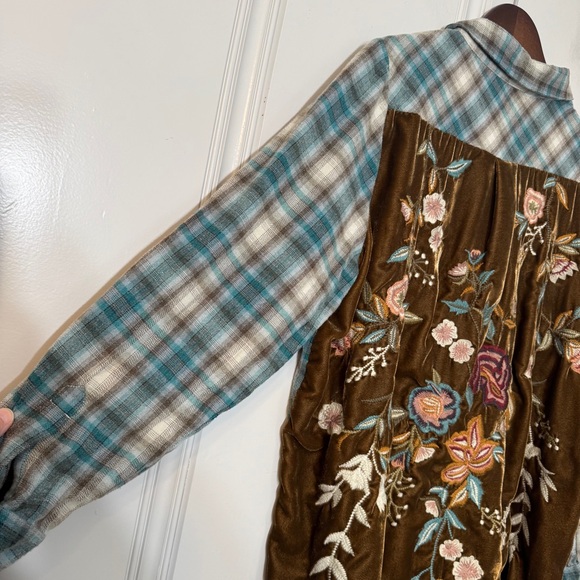 Kyla Seo Plaid Velvet Embroidered Back Button Up Tunic Top Boho Size XXL - Picture 12 of 14